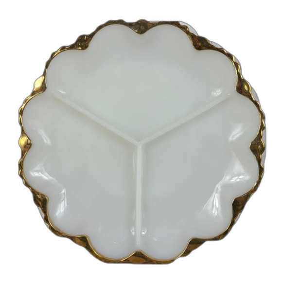 Anchor Hocking Milk Glass 3 Section Divide Dish Gold Trim Platter - Picture 2 of 4